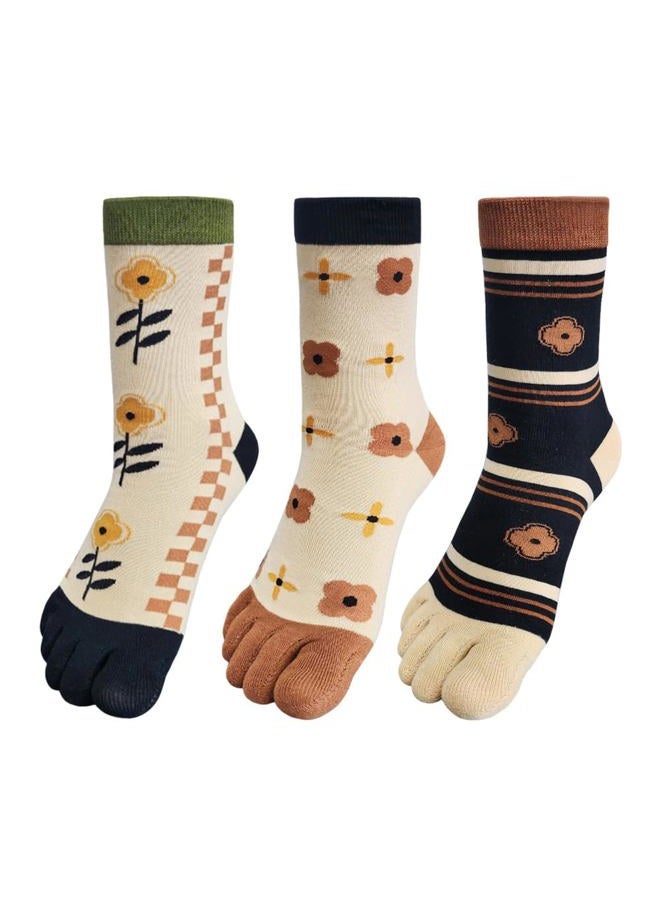 HOMSSEM Womens Girls Toe Socks Five Fingers Cotton Socks Colorful Ankle Socks Athletic Running Socks Toe Seperated Socks (Choco Blossom 3Pair) - Image 1