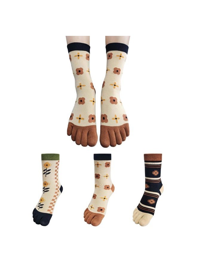 HOMSSEM Womens Girls Toe Socks Five Fingers Cotton Socks Colorful Ankle Socks Athletic Running Socks Toe Seperated Socks (Choco Blossom 3Pair) - Image 3