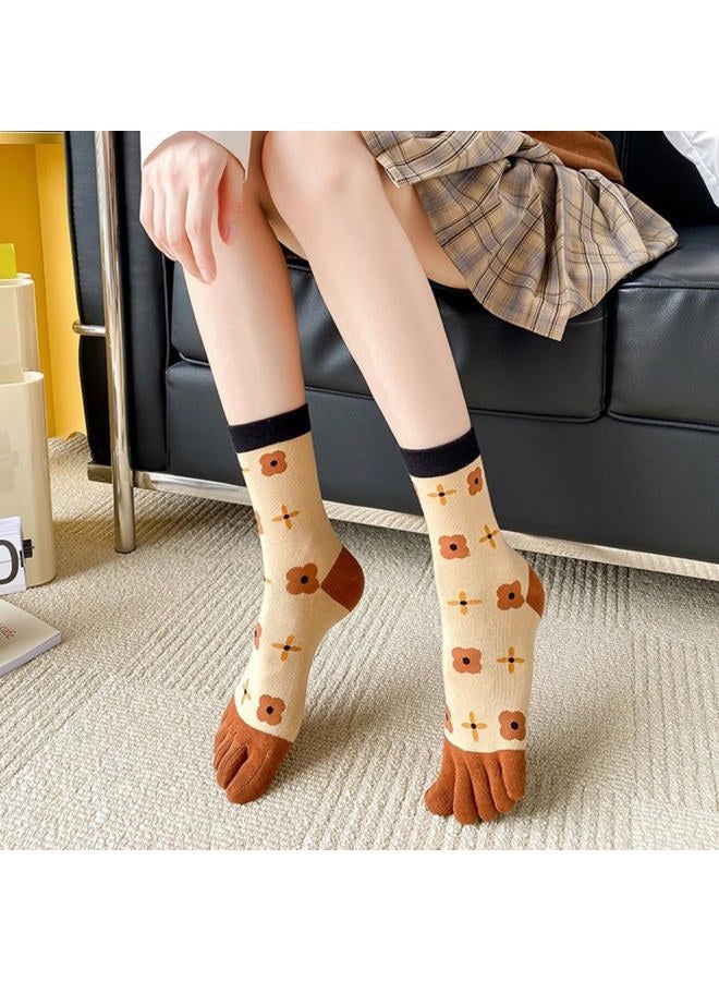 HOMSSEM Womens Girls Toe Socks Five Fingers Cotton Socks Colorful Ankle Socks Athletic Running Socks Toe Seperated Socks (Choco Blossom 3Pair) - Image 2