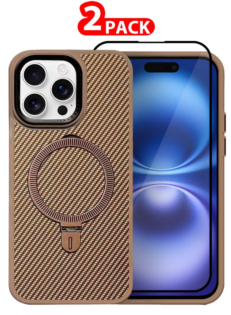 CATANES ( for iPhone 16 Pro ) 2 Pack, Case and Screen Protector, Carbon Fiber Texture, Metal Bracket, Magsafe Kickstand Case Cover - Beige - Image 1