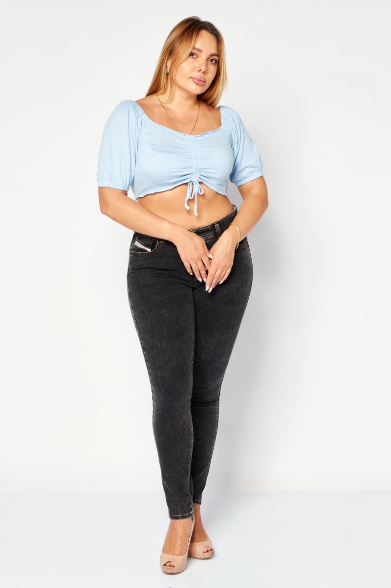 Roxy Women Square Neck Short Sleeve Textured Crop Top, Blue - Image 2