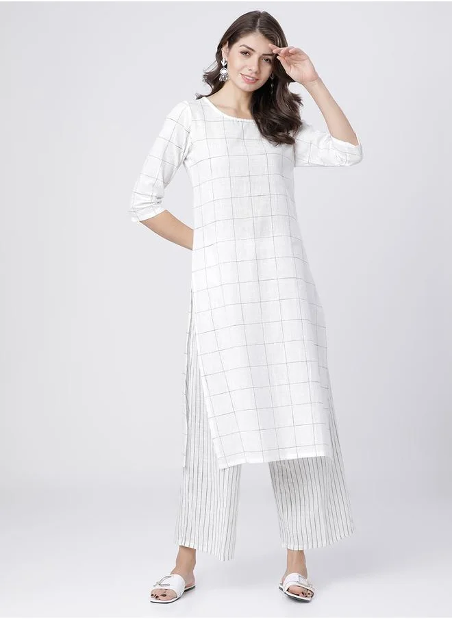 Vishudh Women White & Black Checked Cotton Kurta Set by Styli