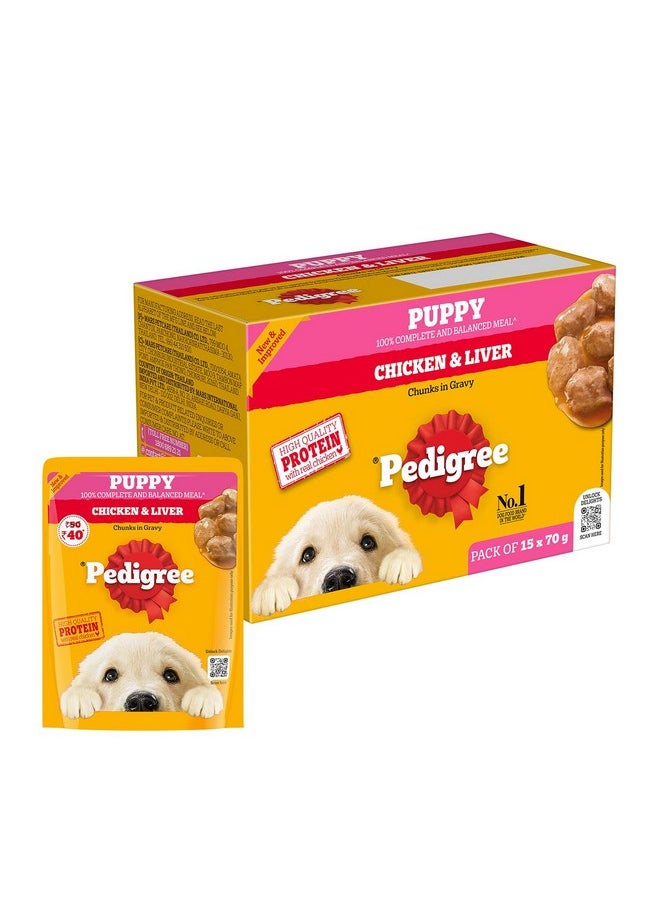 Pedigree Puppy Wet Dog Food, Chicken & Liver Chunks In Gravy, 70 G (Pack Of 15), Made With Real Meat & High Quality Protein, 100% Complete & Balanced Meal For Puppies  - Image 3