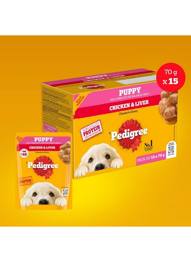 Pedigree Puppy Wet Dog Food, Chicken & Liver Chunks In Gravy, 70 G (Pack Of 15), Made With Real Meat & High Quality Protein, 100% Complete & Balanced Meal For Puppies  - Image 4