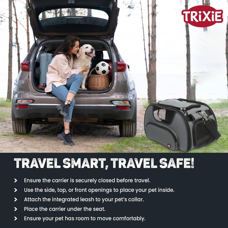 Trixie حاملة الحيوانات الأليفة المعتمدة من خطوط وينغز للسفر الجوي، مناسبة لكلب الكوكر سبانييل، برويدر كولي، بودل حتى 20 كجم - الحجم: 18” × 11” × 9”، رمادي/أزرق - Image 5