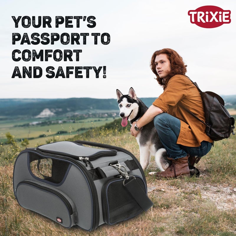 Trixie حاملة الحيوانات الأليفة المعتمدة من خطوط وينغز للسفر الجوي، مناسبة لكلب الكوكر سبانييل، برويدر كولي، بودل حتى 20 كجم - الحجم: 18” × 11” × 9”، رمادي/أزرق - Image 2