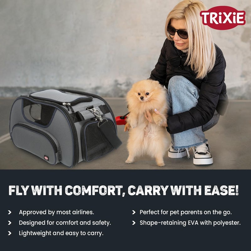 Trixie حاملة الحيوانات الأليفة المعتمدة من خطوط وينغز للسفر الجوي، مناسبة لكلب الكوكر سبانييل، برويدر كولي، بودل حتى 20 كجم - الحجم: 18” × 11” × 9”، رمادي/أزرق - Image 4