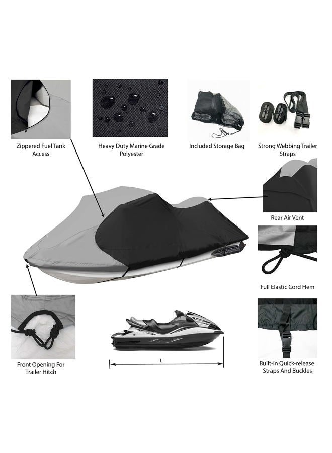 JETPRO Trailerable Jet Ski Cover, Waterproof Marine Grade 600D Heavy Duty Polyester PWC Cover Gray/Black Color Fits from 136" to 145" 3 Seater - Image 2