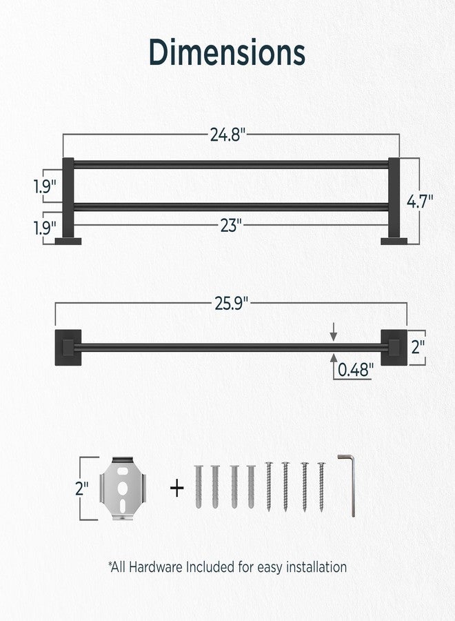 FORIOUS Double Towel Bar Racks Holder for Bathroom 24 Inch, Heavy Duty SUS304 Stainless Steel Square Dual Towel Rail Wall Mount, Matte Black - Image 2