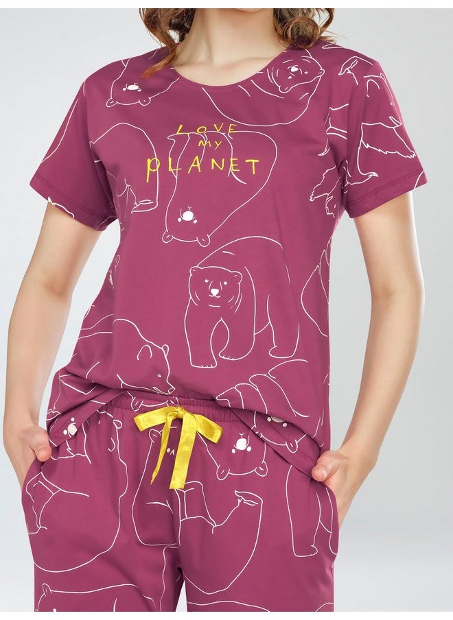 ZEYO - ZEYO Night Suit for Women's Pink Polar Bear Printed Cotton Night Dress of Top and Pajama Set 5776 - Image 1