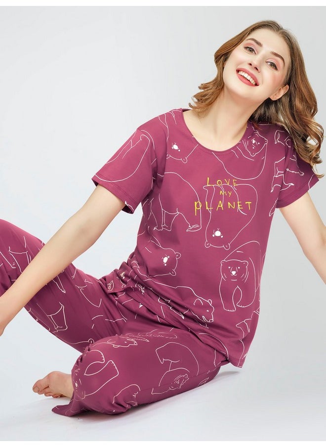 ZEYO - ZEYO Night Suit for Women's Pink Polar Bear Printed Cotton Night Dress of Top and Pajama Set 5776 - Image 1