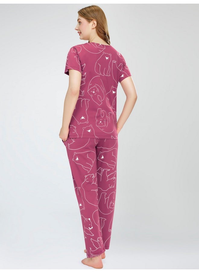 ZEYO - ZEYO Night Suit for Women's Pink Polar Bear Printed Cotton Night Dress of Top and Pajama Set 5776 - Image 1