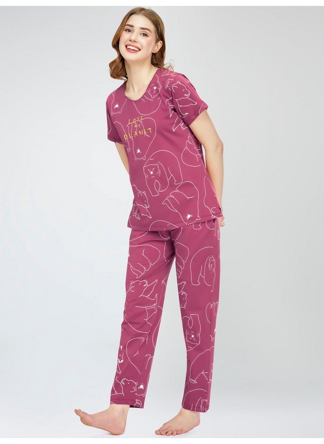 ZEYO - ZEYO Night Suit for Women's Pink Polar Bear Printed Cotton Night Dress of Top and Pajama Set 5776 - Image 1