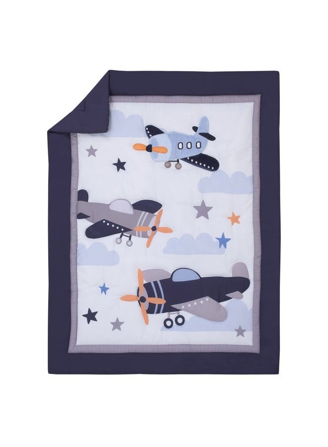 NoJo Little Love by NoJo Soar High Little One Navy, Light Blue, Orange, and White Airplanes, Clouds, and Stars 3 Piece Nursery Crib Bedding Set - Comforter, Fitted Crib Sheet and Crib Skirt - Image 2