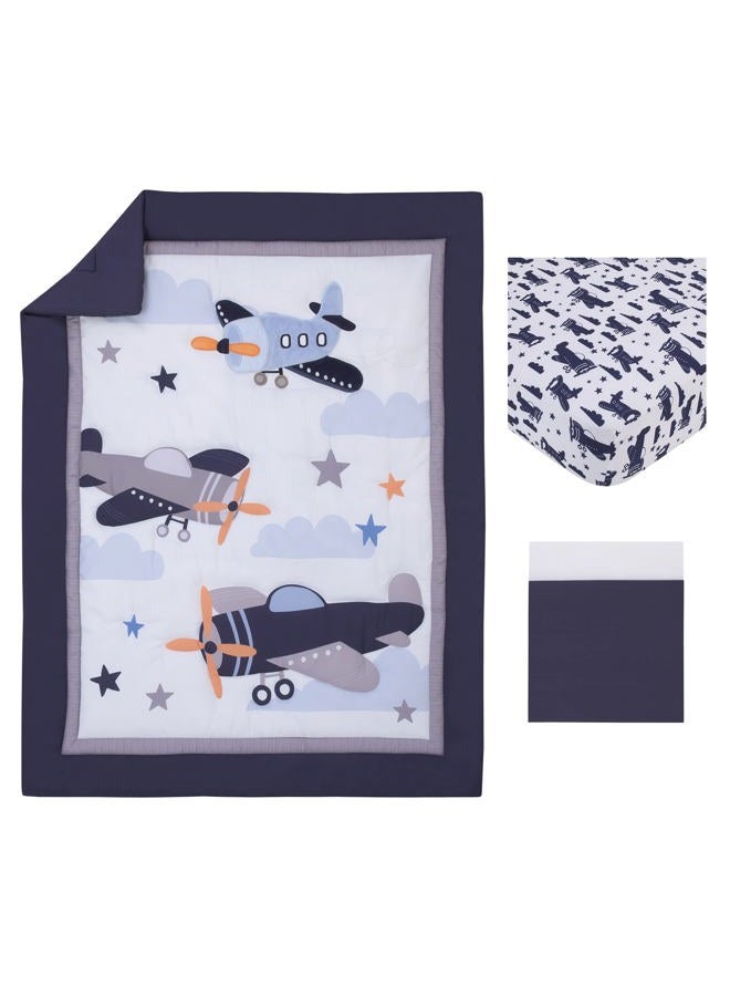 NoJo Little Love by NoJo Soar High Little One Navy, Light Blue, Orange, and White Airplanes, Clouds, and Stars 3 Piece Nursery Crib Bedding Set - Comforter, Fitted Crib Sheet and Crib Skirt - Image 5