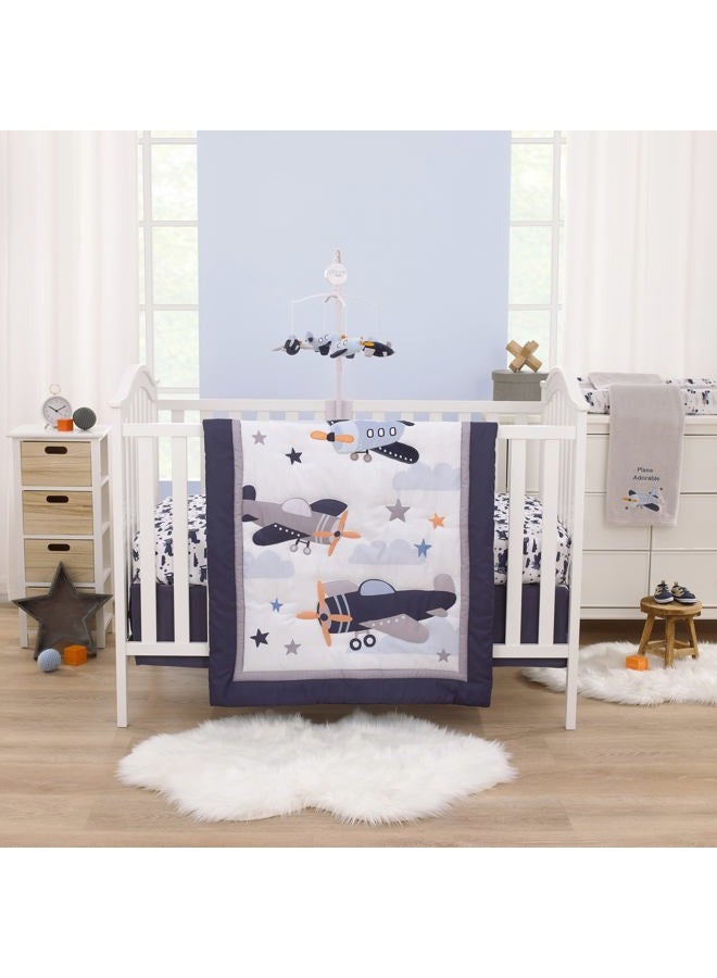 NoJo Little Love by NoJo Soar High Little One Navy, Light Blue, Orange, and White Airplanes, Clouds, and Stars 3 Piece Nursery Crib Bedding Set - Comforter, Fitted Crib Sheet and Crib Skirt - Image 1