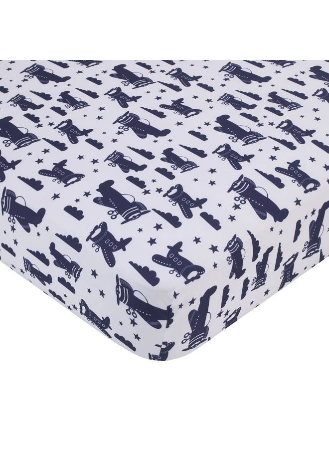 NoJo Little Love by NoJo Soar High Little One Navy, Light Blue, Orange, and White Airplanes, Clouds, and Stars 3 Piece Nursery Crib Bedding Set - Comforter, Fitted Crib Sheet and Crib Skirt - Image 3