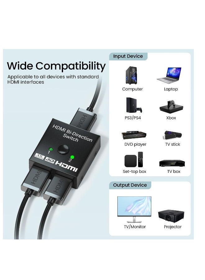 ماركة غير محددة - مفتاح تقسيم HDMI ثنائي الاتجاه 4K مع مدخلين ومخرج واحد يدوي مع دعم HDCP لبث سهل - Image 1