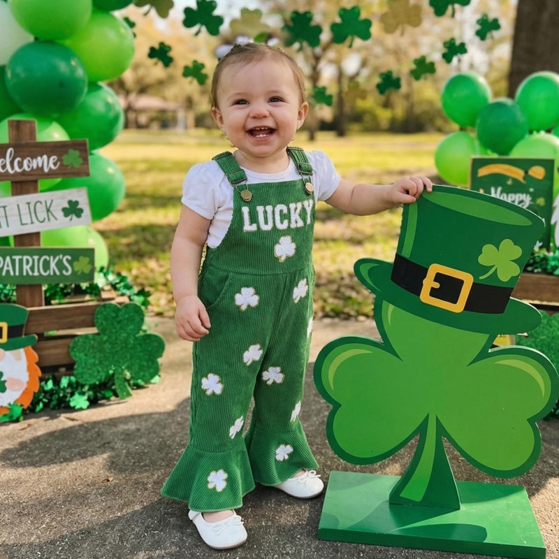 Rtnnsbbfcm Toddler Baby Girl St Patricks Day Outfit Lucky Girl Overalls Bell Bottoms Shamrock Romper Jumpsuit Clothes (Lucky Green, 2-3 Years) - Image 3