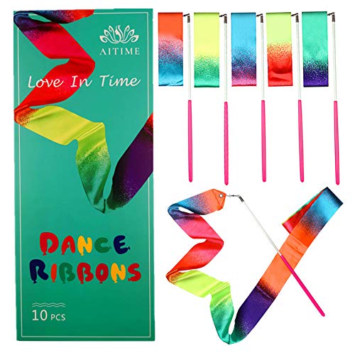 AITIME 10 Pieces 2 Meters Gym Gymnastics Dance Ribbons,Rainbow Dancer Ribbons with Twirling Wands for Kids Dancing,CE and EN71 Approved, Starry Sky Colors - Image 1