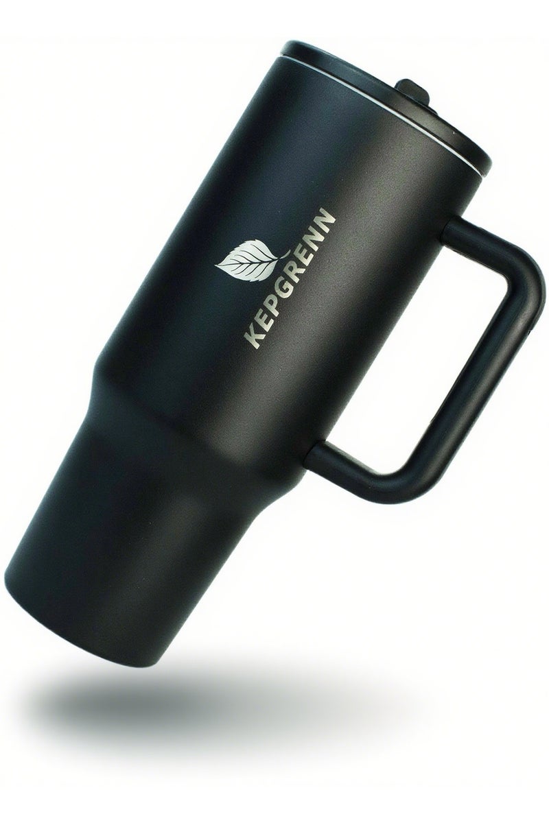 ترمس ستانلس ستيل عازل حراري 1.2 لتر - كوب سفر كبير بغطاء مانع للتسرب، مع فم شفط قابل للطي ومقبض مانع للانزلاق - يحافظ على حرارة المشروبات الساخنة والباردة للقهوة والشاي والماء (أسود) - Image 1