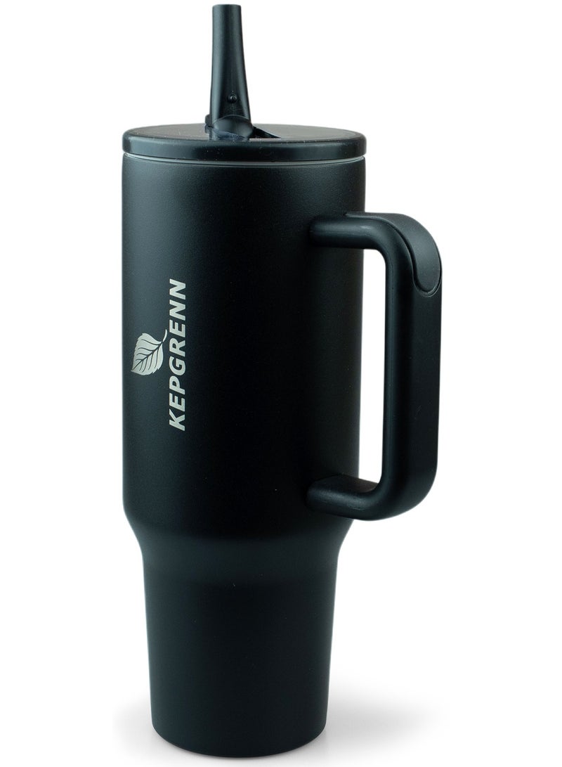 ترمس ستانلس ستيل عازل حراري 1.2 لتر - كوب سفر كبير بغطاء مانع للتسرب، مع فم شفط قابل للطي ومقبض مانع للانزلاق - يحافظ على حرارة المشروبات الساخنة والباردة للقهوة والشاي والماء (أسود) - Image 2