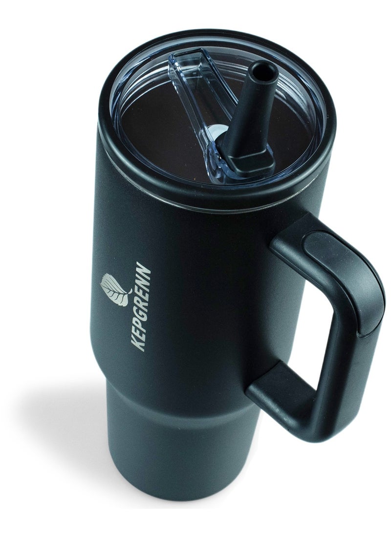 ترمس ستانلس ستيل عازل حراري 1.2 لتر - كوب سفر كبير بغطاء مانع للتسرب، مع فم شفط قابل للطي ومقبض مانع للانزلاق - يحافظ على حرارة المشروبات الساخنة والباردة للقهوة والشاي والماء (أسود) - Image 3