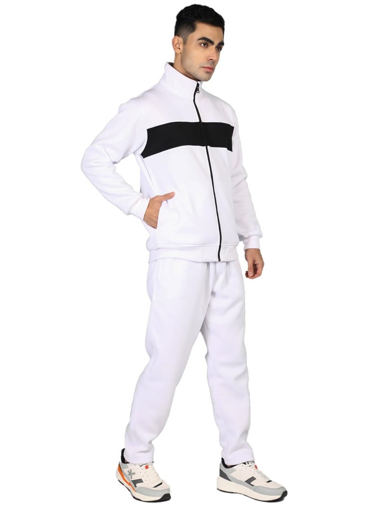 CHKOKKO Mens High Neck Winter Tracksuit Full Zip Jacket with Elastic Waist Lower Warm and Soft Activewear Set for Gym Running and Casual Use White Black 4XL - Image 4