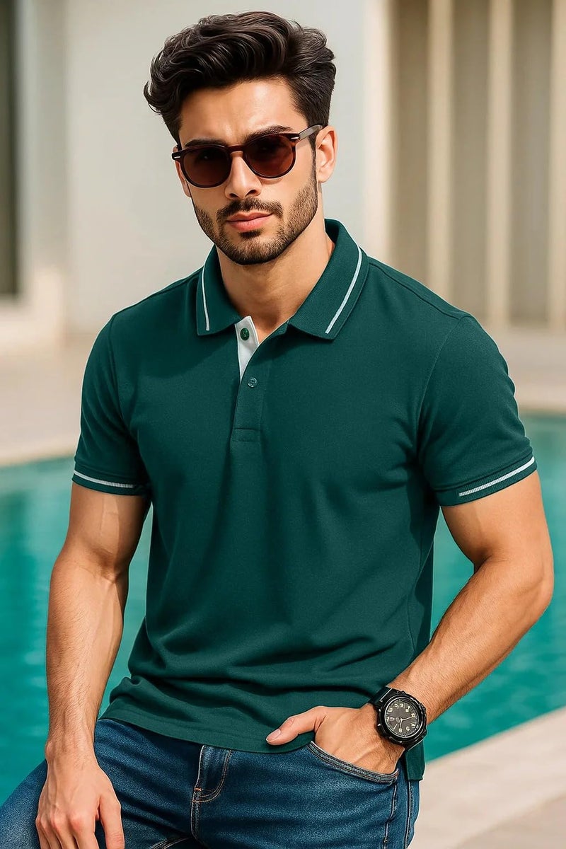Veirdo® Pure Cotton Half Sleeves Regular Fit Plain Solid Classic Polo Colored Collar T-Shirt for Men (Polo_TP_G117_NW_XXL) - Image 2