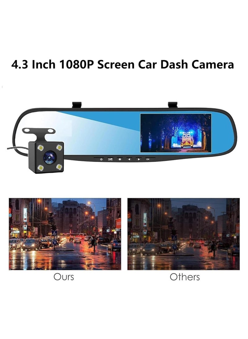 4.3 Inch Dash Cams for Cars, Night Vision Car DVR Camera, with Dual Lens HD 1080P Screen, Wide Angle Car Dash Camera, Car Video Recorder, Car Rearview Mirror Camera, with Parking Mode - Image 1