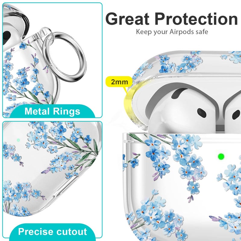 Wonjury Case for AirPods 4 - Wonjury Clear Case Cover Floral Print Skin Women Girls Keychain Cleaner Tool for Apple Airpods 4th 2024 - Flower Blue - Image 4