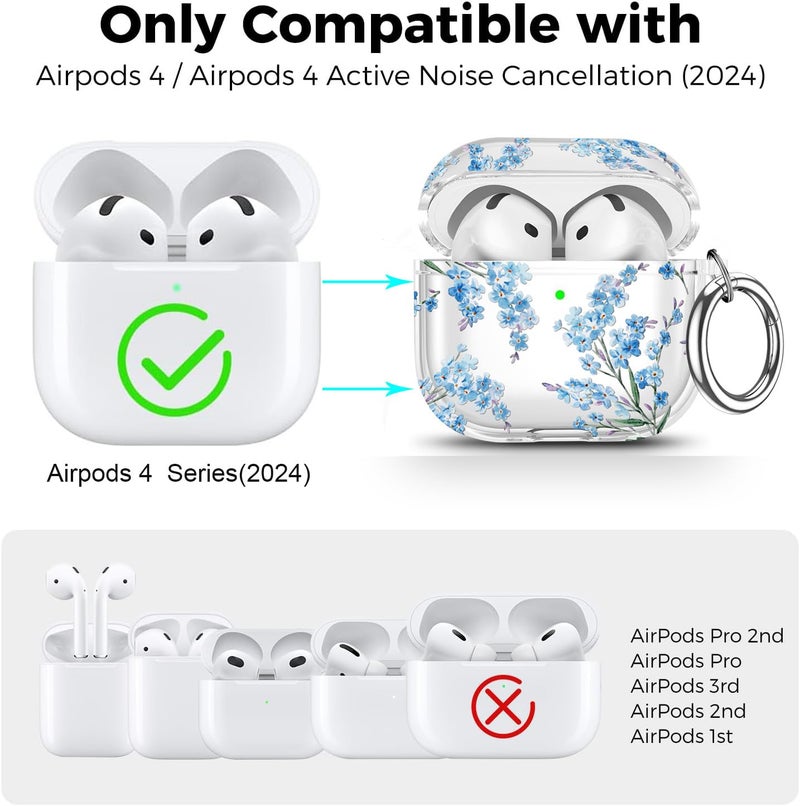 Wonjury Case for AirPods 4 - Wonjury Clear Case Cover Floral Print Skin Women Girls Keychain Cleaner Tool for Apple Airpods 4th 2024 - Flower Blue - Image 2