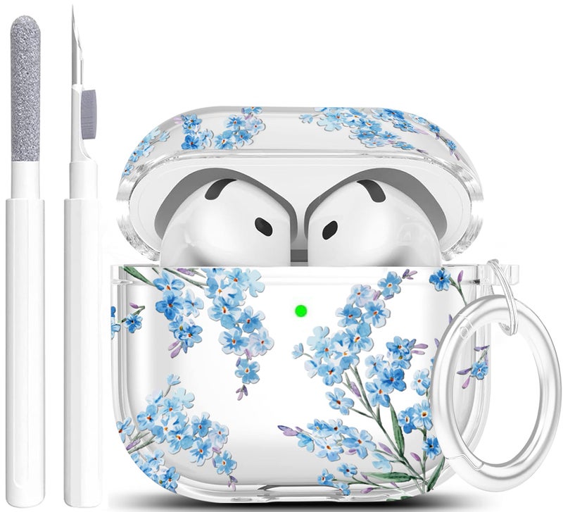 Wonjury Case for AirPods 4 - Wonjury Clear Case Cover Floral Print Skin Women Girls Keychain Cleaner Tool for Apple Airpods 4th 2024 - Flower Blue - Image 1