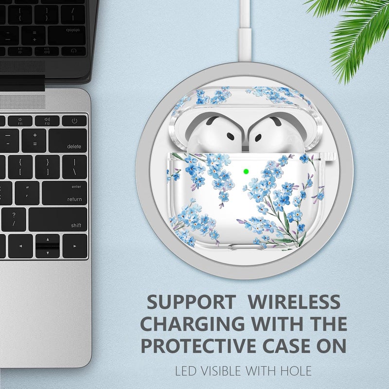 Wonjury Case for AirPods 4 - Wonjury Clear Case Cover Floral Print Skin Women Girls Keychain Cleaner Tool for Apple Airpods 4th 2024 - Flower Blue - Image 3