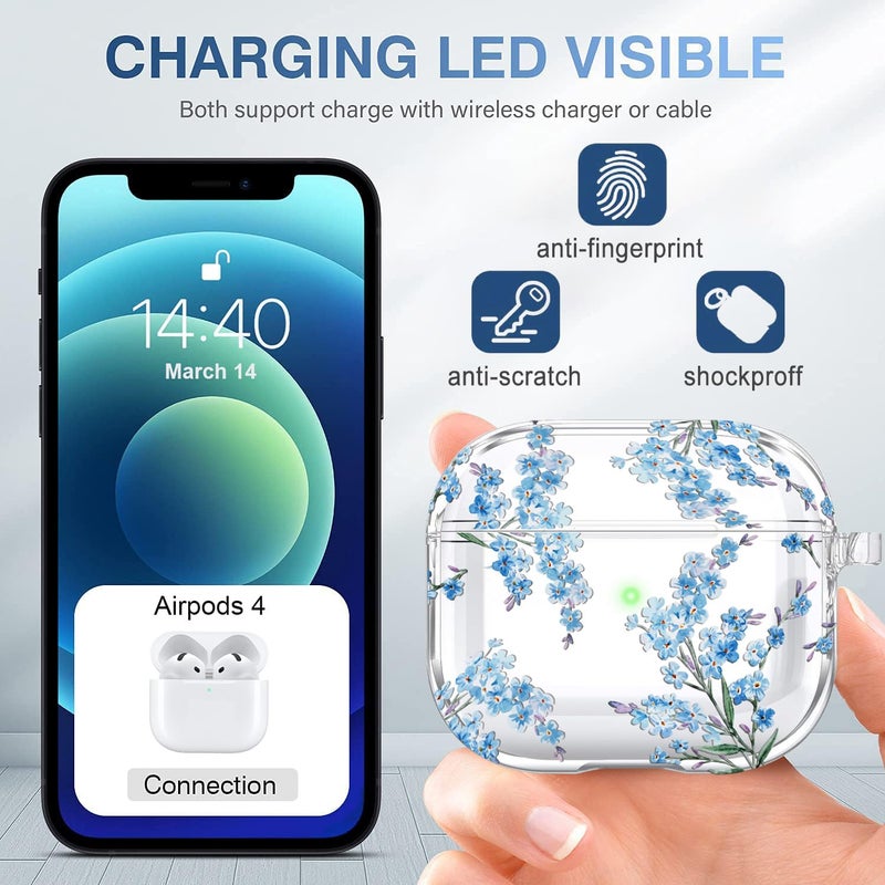 Wonjury Case for AirPods 4 - Wonjury Clear Case Cover Floral Print Skin Women Girls Keychain Cleaner Tool for Apple Airpods 4th 2024 - Flower Blue - Image 5