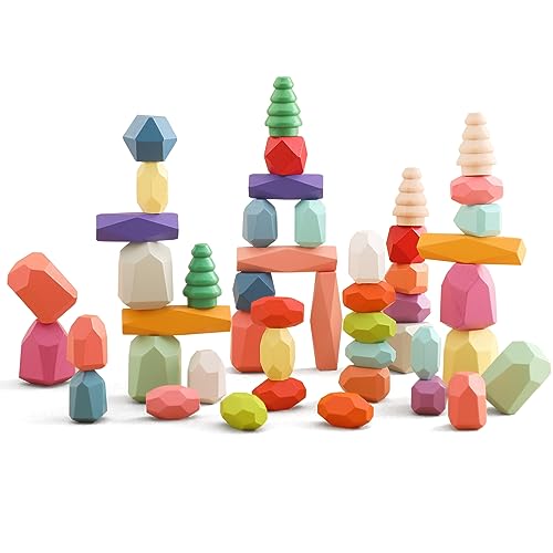 OESSUF Stacking Rocks 48Pcs Stacking Blocks Balancing Stacking Stones Wooden Building Toys Wood Stone Stacking Game for Toddler Sorting Preschool Educational Montessori Stacking Rocks for Kids - Image 1