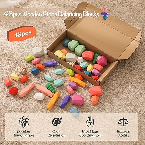 OESSUF Stacking Rocks 48Pcs Stacking Blocks Balancing Stacking Stones Wooden Building Toys Wood Stone Stacking Game for Toddler Sorting Preschool Educational Montessori Stacking Rocks for Kids - Image 5