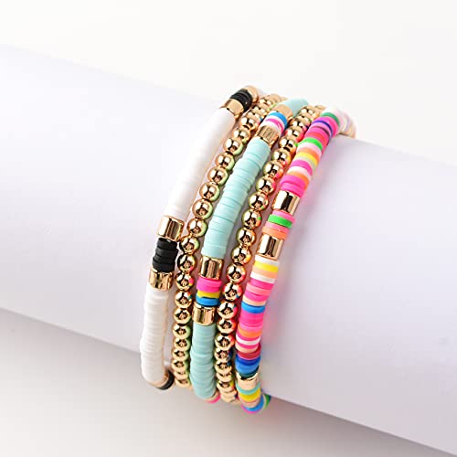 GOOJIDS Surfer Heishi Clay Bead Bracelets for Women Bohemian Stackable Gold Plated Beaded Stretch Bracelets Elastic Layering Friendship Bracelets Set Boho Jewelry - Image 2