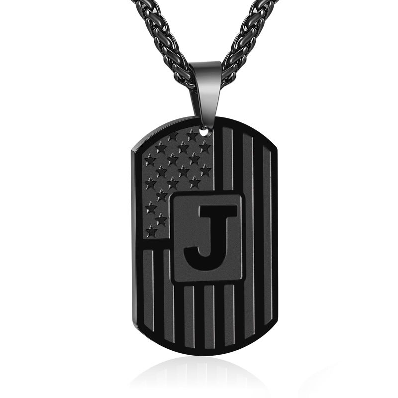 Bellino Initial J Necklace for Men, Letter Dog Tag American Flag Stainless Steel Teen Teenager Him Pendent Chain Alphabet Necklaces Jewelry Birthday Gifts - Image 1
