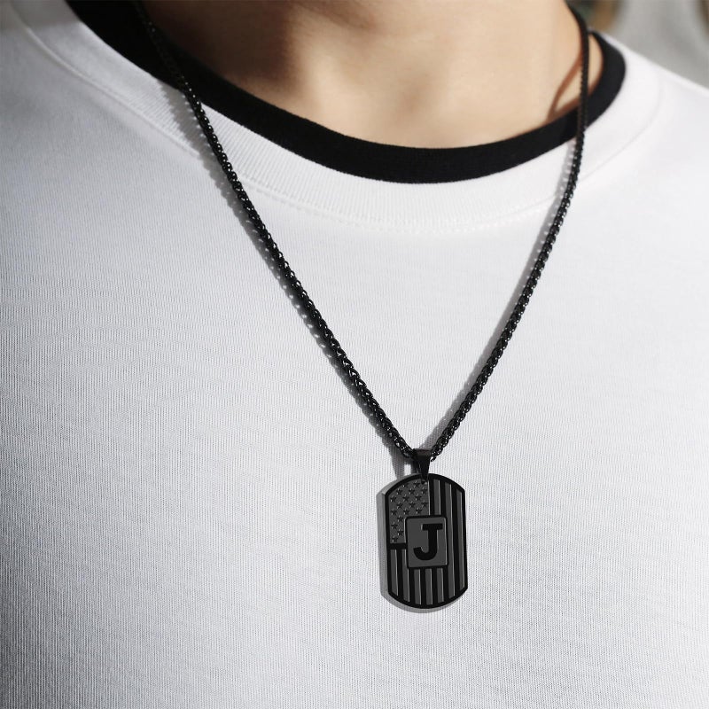 Bellino Initial J Necklace for Men, Letter Dog Tag American Flag Stainless Steel Teen Teenager Him Pendent Chain Alphabet Necklaces Jewelry Birthday Gifts - Image 2