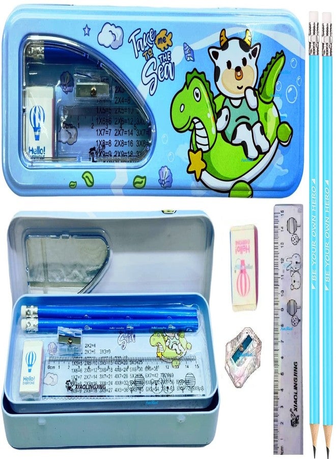FunBlast Metal Pencil Box Case with Pencil, Eraser, Sharpener Stationery Set – Double Layer Pencil Case Stationary Organizer for Kids – Birthday Return Gift for Kids - Image 1