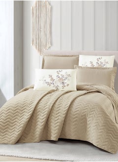Donetella Quilt Set 6-Pcs King Size Bed Fits(200 X 200 Cm) Soft Luxurious Digital Printed Compressed Comforter With Fitted Sheet Pillow Sham And Pillowcases Beige  - Image 1