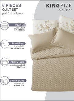Donetella Quilt Set 6-Pcs King Size Bed Fits(200 X 200 Cm) Soft Luxurious Digital Printed Compressed Comforter With Fitted Sheet Pillow Sham And Pillowcases Beige  - Image 3