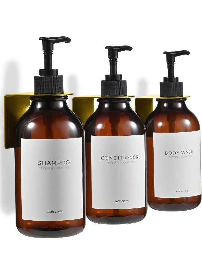 MaisoNovo Shampoo Dispenser for Shower Wall 3 Chamber - Drill Free Shower Soap Dispenser Wall Mount with Waterproof Marguax Labels | 3 Amber Plastic Bottles 3 Gold Wall Mounts - Image 1