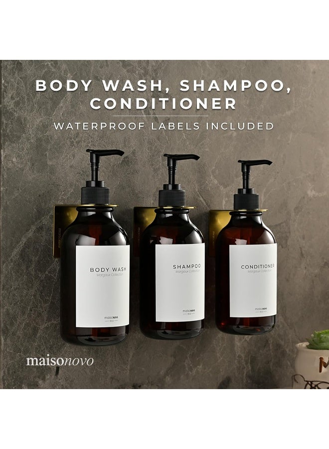 MaisoNovo Shampoo Dispenser for Shower Wall 3 Chamber - Drill Free Shower Soap Dispenser Wall Mount with Waterproof Marguax Labels | 3 Amber Plastic Bottles 3 Gold Wall Mounts - Image 5