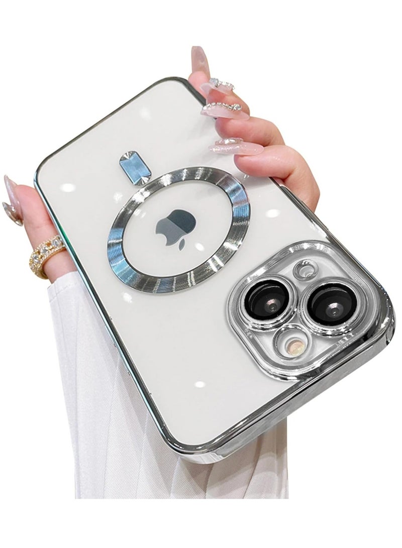 new iPhone 13 Case (6.1-Inch) with Camera Lens Protector – Compatible with MagSafe, Electroplated Anti-Scratch Shockproof Slim Cover for Women & Men, Silver - Image 1
