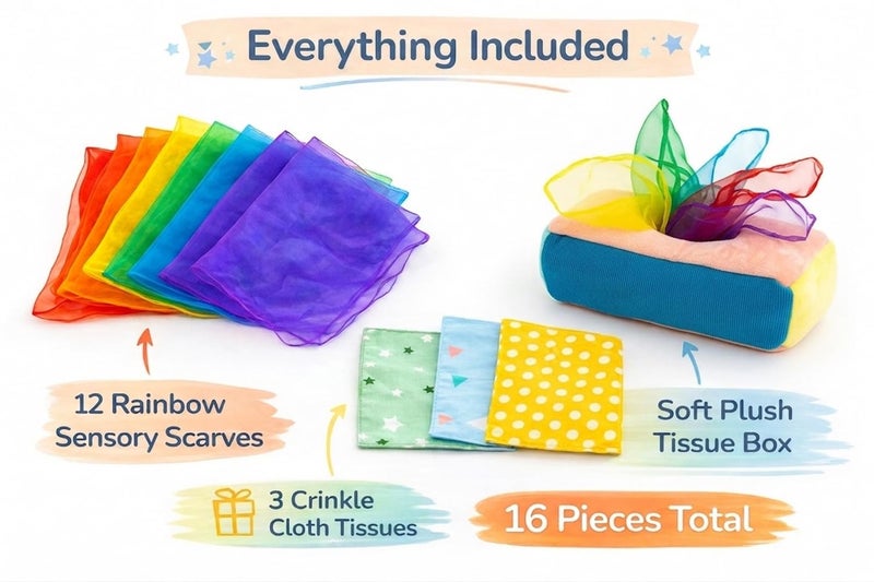 Twiddler Toys Baby Tissue Box Toy - Montessori Play for Infants and Toddlers - Sensory Textured Box with 12pcs Matching Colorful Scarves and 3pcs Crinkle Paper - Image 4