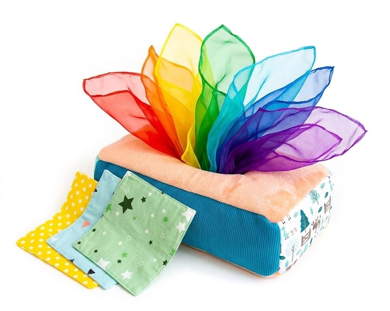 Twiddler Toys Baby Tissue Box Toy - Montessori Play for Infants and Toddlers - Sensory Textured Box with 12pcs Matching Colorful Scarves and 3pcs Crinkle Paper - Image 1