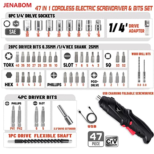 JENABOM Electric Screwdriver, 3.6V Cordless, 44pcs Screwdriver Bit Set, Front LED Light, Flexible Shaft, Micro USB, Carrying Case, Ideal for Home Improvement & Furniture Assembly - Image 4