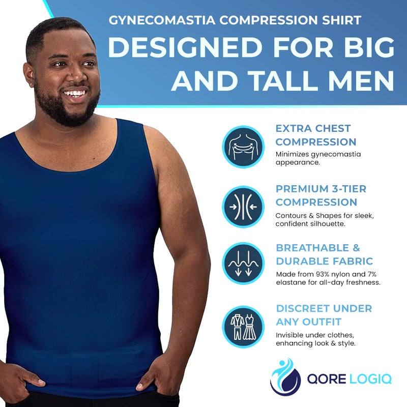 QORE LOGIQ Gynecomastia Compression Shirts for Men - Sleeveless Slimming Undershirts Tummy Control and Body Shaper Tank Top Navy 2XL - Image 3